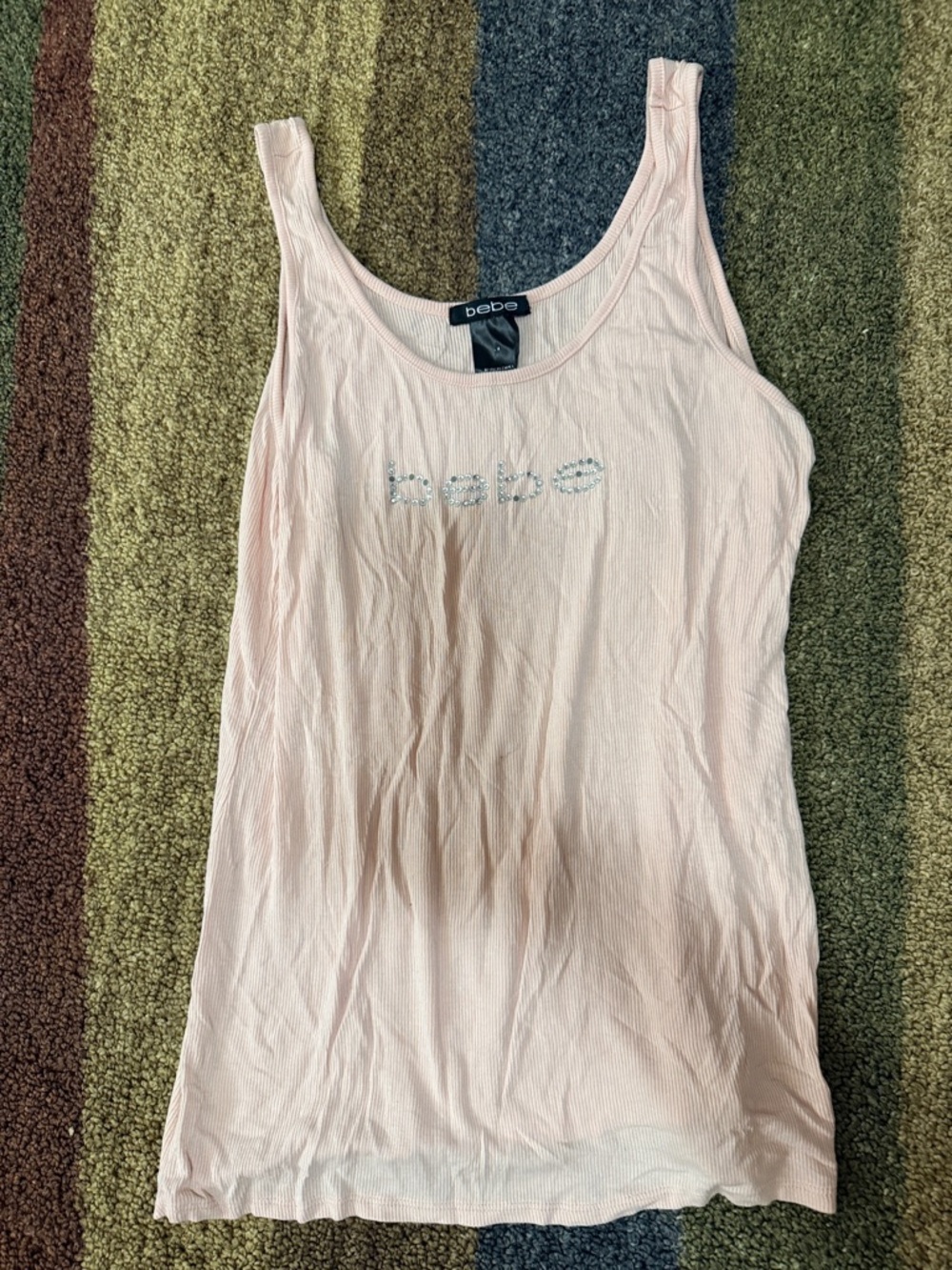 bebe Light Pink Rhinestone Logo Ribbed Tank XL